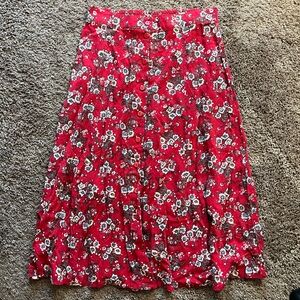 Vintage 90s Midi Skirt Red Floral Button Front Cottagecore Fairy Flowy Dainty